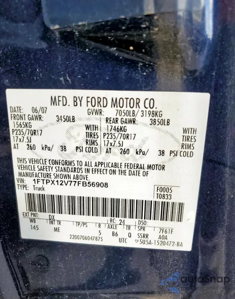 2007 Ford F150 from USA, damaged, VIN 1FTPX12V77FB56908